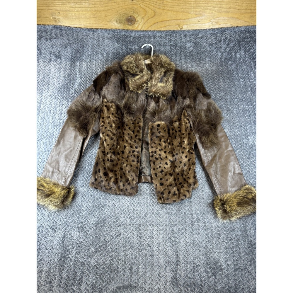 Denlinl Collection Leather Jacket Womens Medium Brown Fox Fur Trim Animal Print